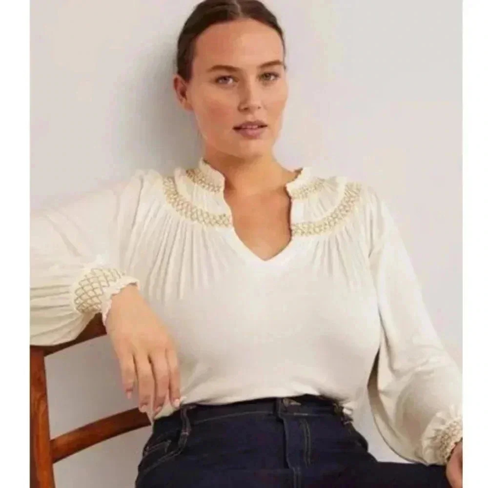 Nwot Boden smocked neck blouse with gold accents